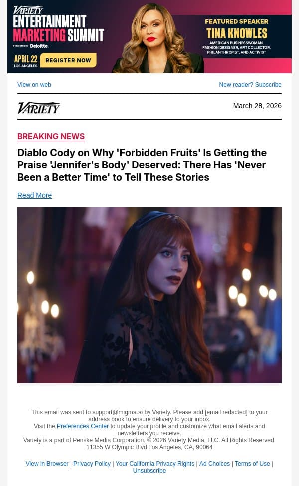 Diablo Cody on Why 'Forbidden Fruits' Is Getting the Praise 'Jennifer's Body' Deserved: There Has 'Never Been a Better Time' to Tell These Stories email from Variety screenshot