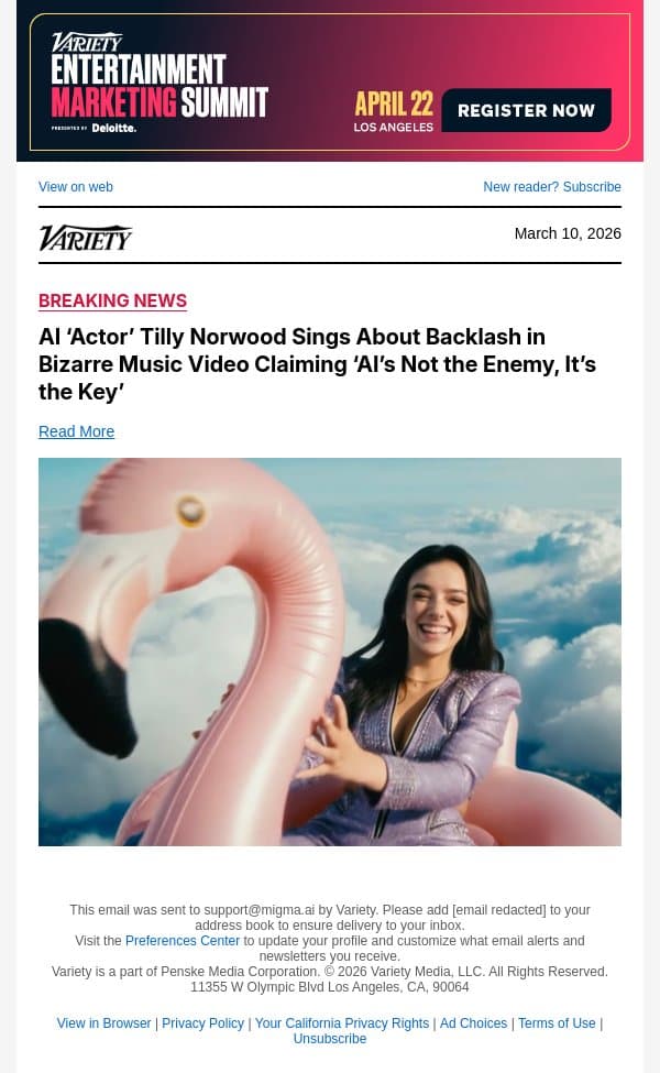 AI ‘Actor’ Tilly Norwood Sings About Backlash in Bizarre Music Video Claiming ‘AI’s Not the Enemy, It’s the Key’ email from Variety screenshot