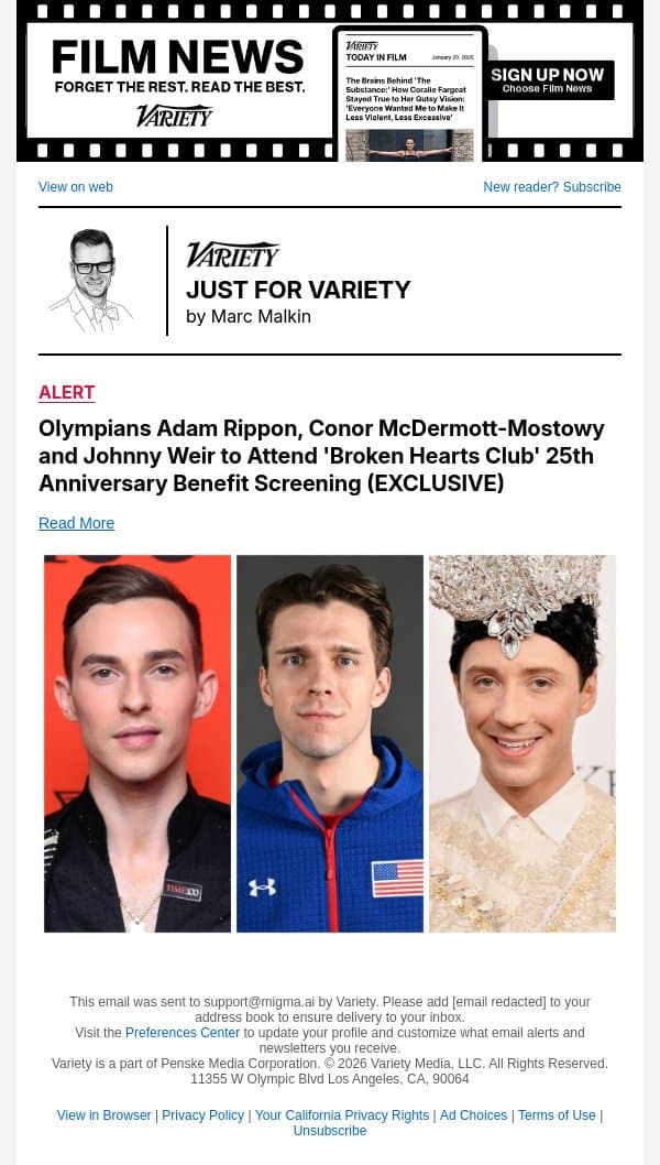 Olympians Adam Rippon, Conor McDermott-Mostowy and Johnny Weir to Attend 'Broken Hearts Club' 25th Anniversary Benefit Screening (EXCLUSIVE) email from Variety screenshot