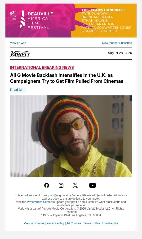 Ali G Movie Backlash Intensifies in the U.K. as Campaigners Try to Get Film Pulled From Cinemas email from Variety screenshot