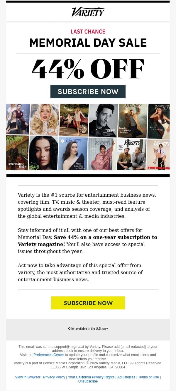 Over 44% off Variety. Sale Extended! email from Variety screenshot