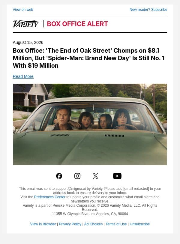 Box Office: 'The End of Oak Street' Chomps on $8.1 Million, But 'Spider-Man: Brand New Day' Is Still No. 1 With $19 Million email from Variety screenshot