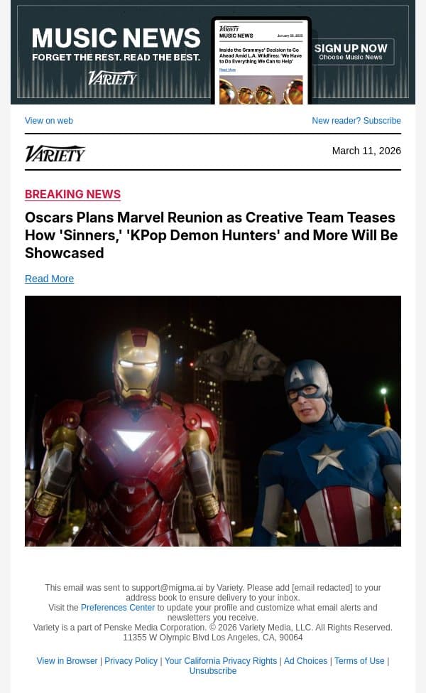 Oscars Plans Marvel Reunion as Creative Team Teases How 'Sinners,' 'KPop Demon Hunters' and More Will Be Showcased email from Variety screenshot