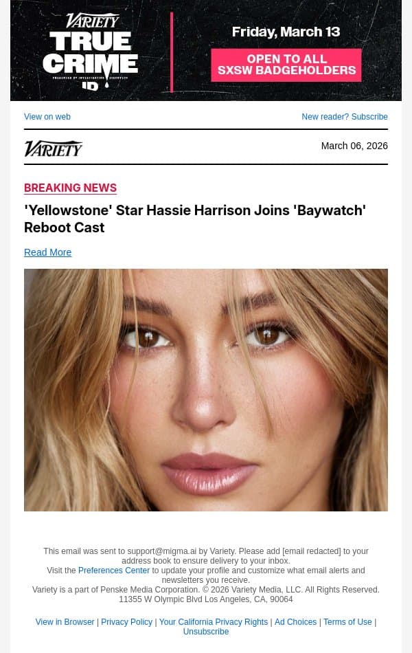 'Yellowstone' Star Hassie Harrison Joins 'Baywatch' Reboot Cast email from Variety screenshot