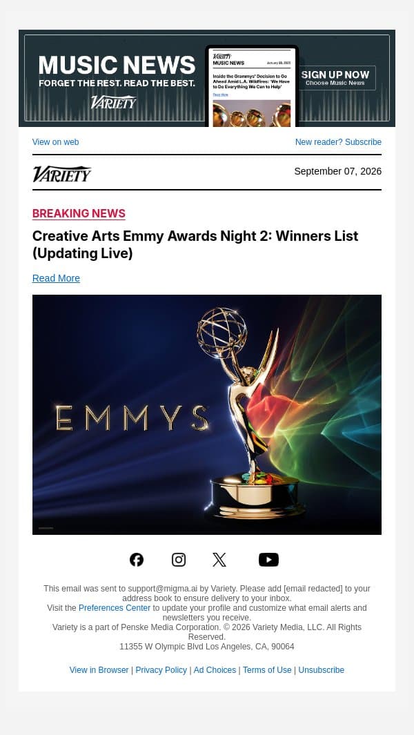'DTF St. Louis' Star Linda Cardellini Wins Emmy for Supporting Actress in a Limited/Anthology Series or Movie email from Variety screenshot