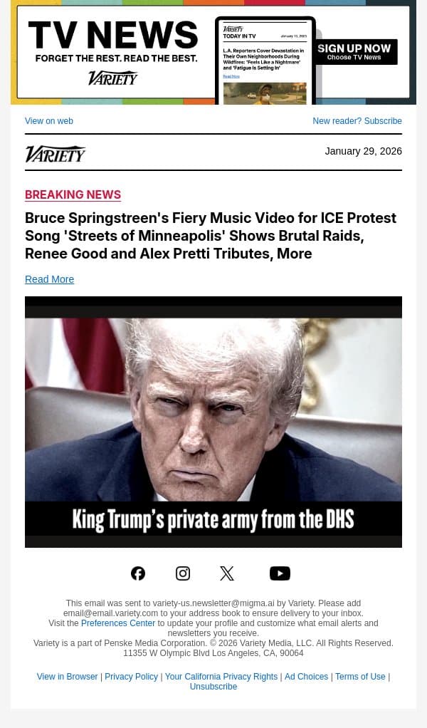 Bruce Springstreen's Fiery Music Video for ICE Protest Song 'Streets of Minneapolis' Shows Brutal Raids, Renee Good and Alex Pretti Tributes, More email from Variety screenshot