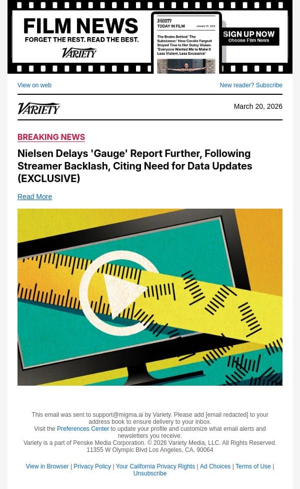 Nielsen Delays 'Gauge' Report Further, Following Streamer Backlash, Citing Need for Data Updates (EXCLUSIVE) email from Variety screenshot