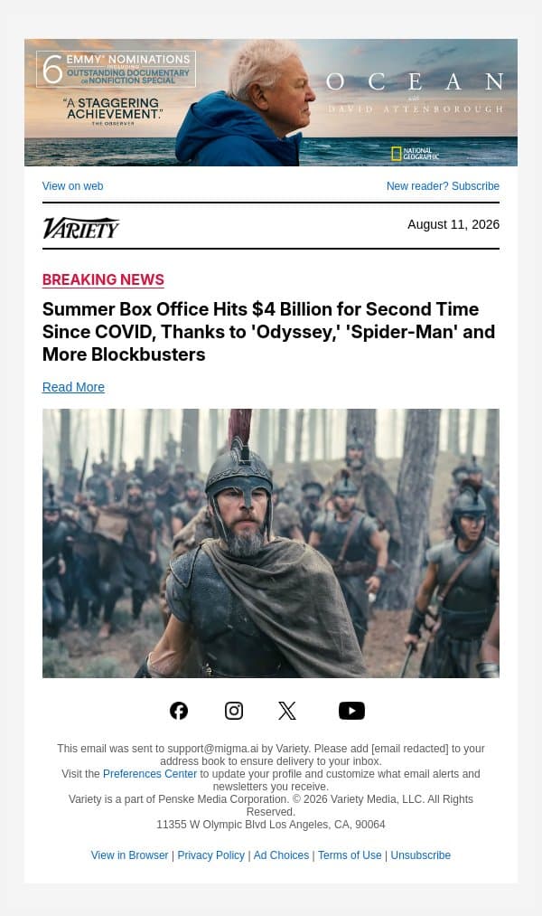 Summer Box Office Hits $4 Billion for Second Time Since COVID, Thanks to 'Odyssey,' 'Spider-Man' and More Blockbusters email from Variety screenshot