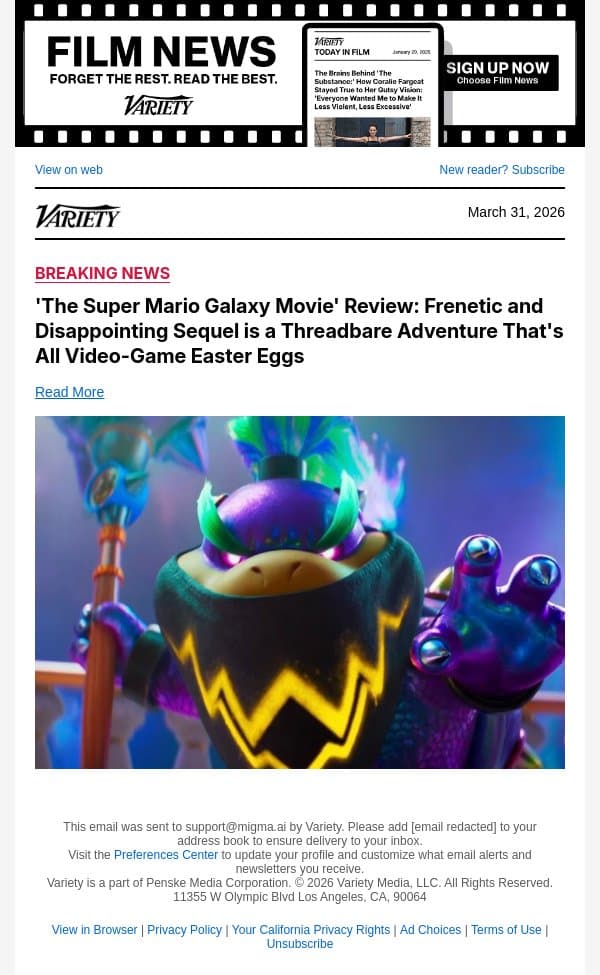 'The Super Mario Galaxy Movie' Review: Frenetic and Disappointing Sequel is a Threadbare Adventure That's All Video-Game Easter Eggs email from Variety screenshot