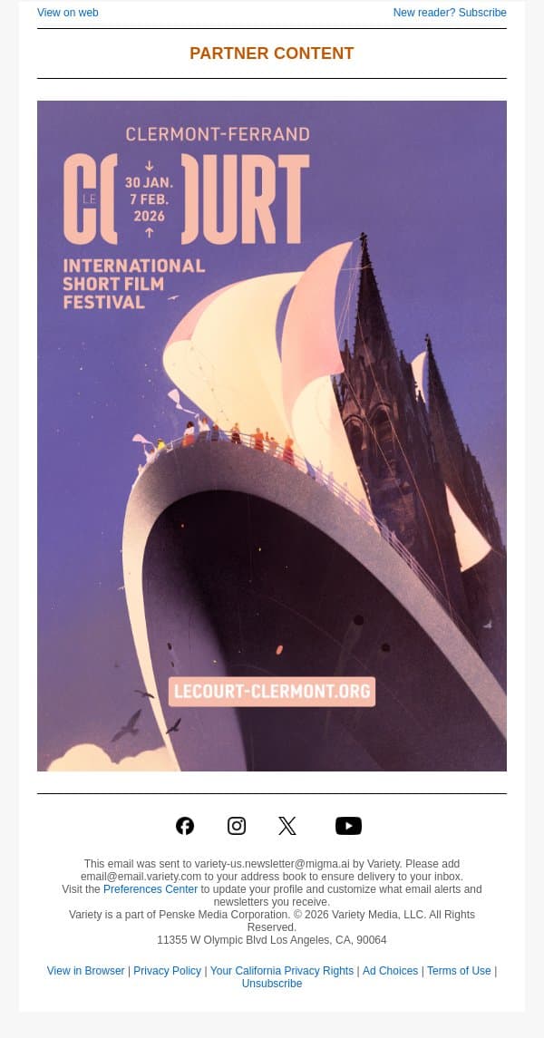 Discover the Clermont-Ferrand International Short Film Festival 2026 email from Variety screenshot