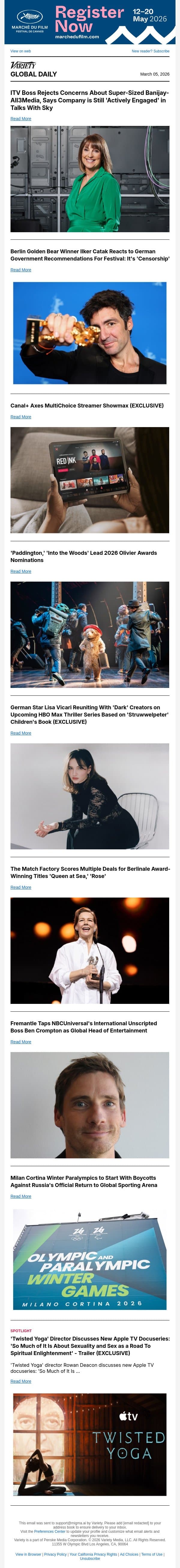 ITV-Sky Deal Still On; Golden Bear Winners Decries Berlinale 'Censorship'; 'Paddington' Tops Olivier Award Noms email from Variety screenshot