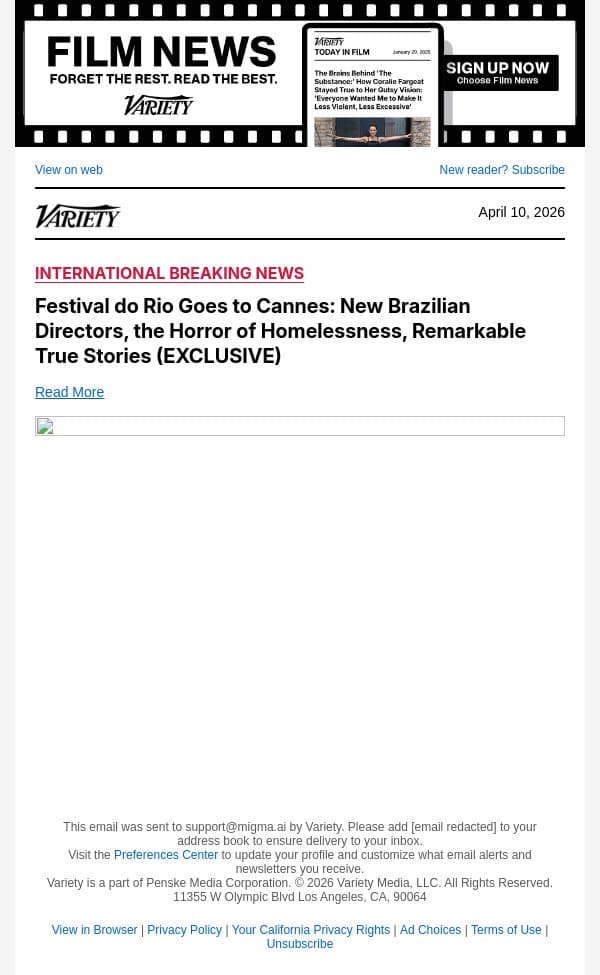 Festival do Rio Goes to Cannes: New Brazilian Directors, the Horror of Homelessness, Remarkable True Stories (EXCLUSIVE) email from Variety screenshot