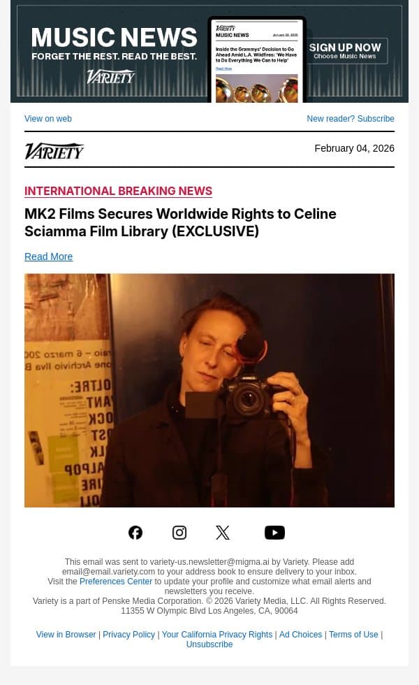 MK2 Films Secures Worldwide Rights to Celine Sciamma Film Library (EXCLUSIVE) email from Variety screenshot