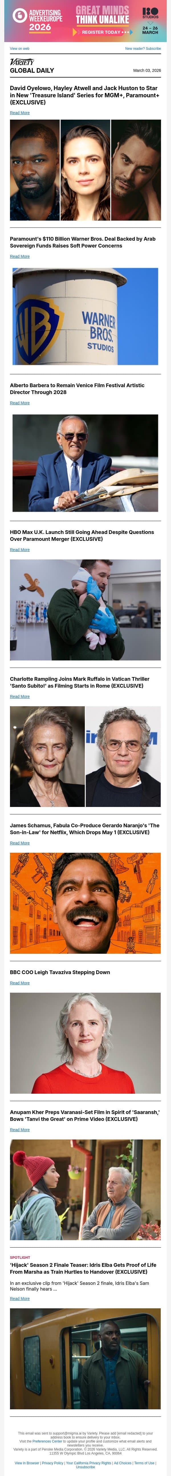 New 'Treasure Island' Series; Paramount's Arab Soft Power Concerns; Venice Chief Remains email from Variety screenshot