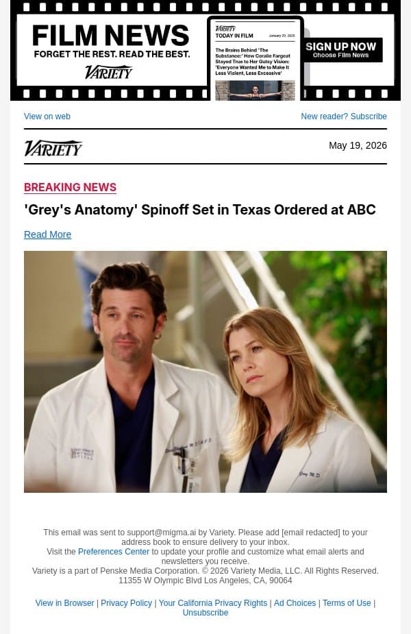 'Grey's Anatomy' Spinoff Set in Texas Ordered at ABC email from Variety screenshot
