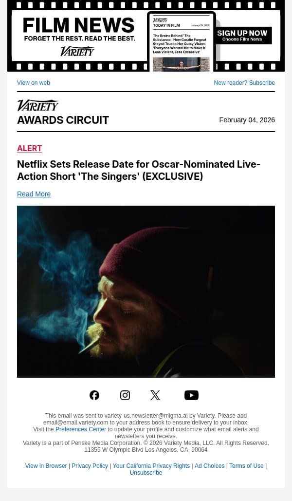 Netflix Sets Release Date for Oscar-Nominated Live-Action Short 'The Singers' (EXCLUSIVE) email from Variety screenshot