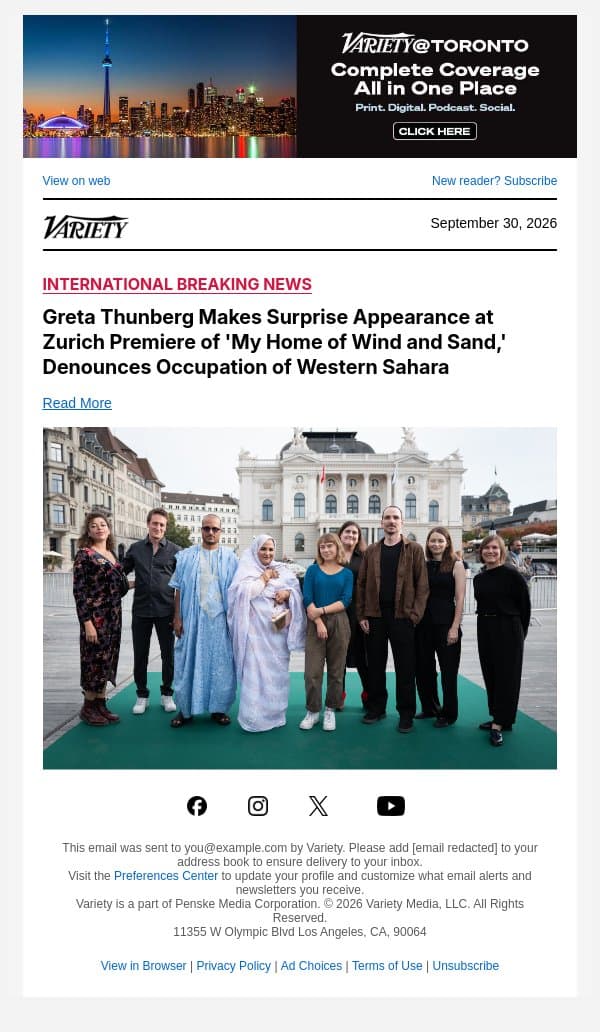 Greta Thunberg Makes Surprise Appearance at Zurich Premiere of 'My Home of Wind and Sand,' Denounces Occupation of Western Sahara email from Variety screenshot