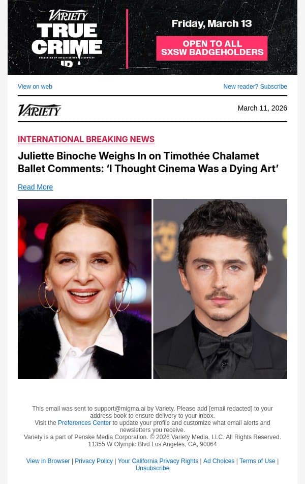 Juliette Binoche Weighs In on Timothée Chalamet Ballet Comments: ‘I Thought Cinema Was a Dying Art’ email from Variety screenshot