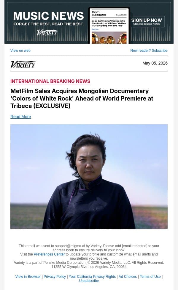 MetFilm Sales Acquires Mongolian Documentary 'Colors of White Rock' Ahead of World Premiere at Tribeca (EXCLUSIVE) email from Variety screenshot