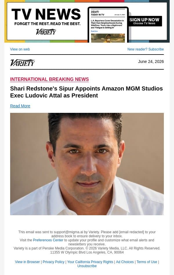 Shari Redstone's Sipur Appoints Amazon MGM Studios Exec Ludovic Attal as President email from Variety screenshot