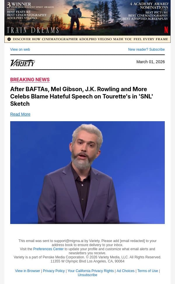 After BAFTAs, Mel Gibson, J.K. Rowling and More Celebs Blame Hateful Speech on Tourette's in 'SNL' Sketch email from Variety screenshot