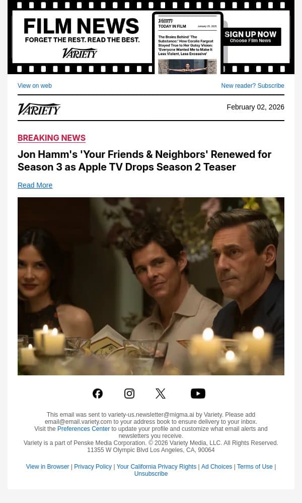 Jon Hamm's 'Your Friends and Neighbors' Renewed for Season 3 as Apple TV Drops Season 2 Teaser email from Variety screenshot