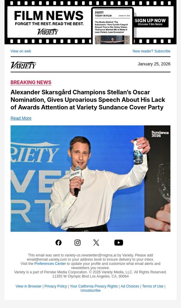 Alexander Skarsgard Champions Stellan’s Oscar Nomination, Gives Uproarious Speech About His Lack of Awards Attention at Variety Sundance Cover Party email from Variety screenshot