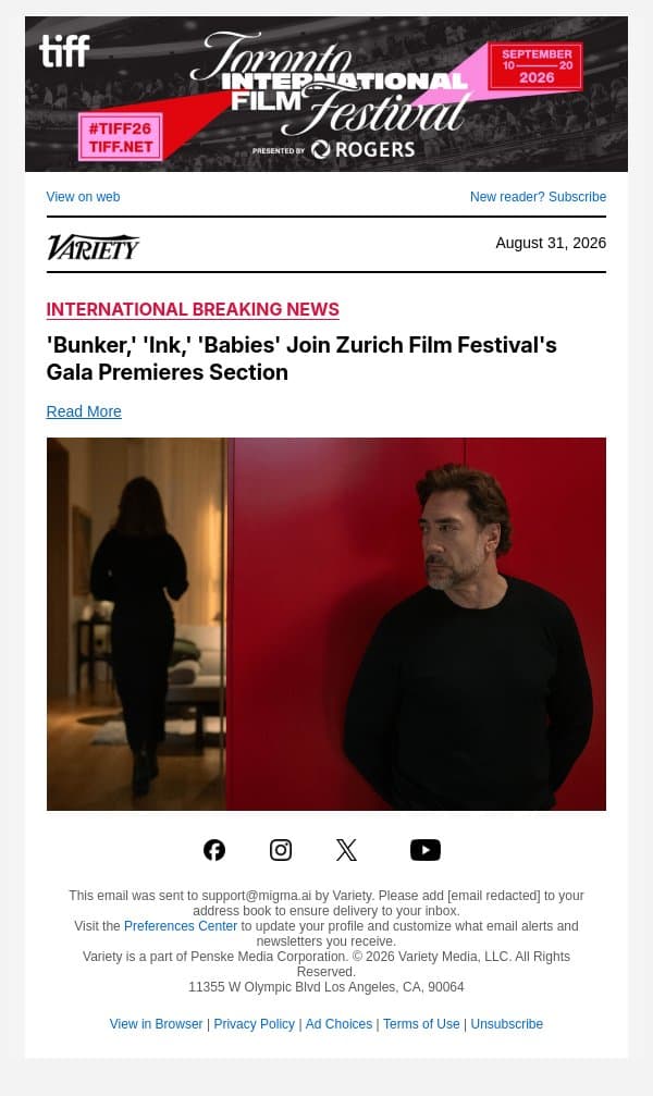 'Bunker,' 'Ink,' 'Babies' Join Zurich Film Festival's Gala Premieres Section email from Variety screenshot