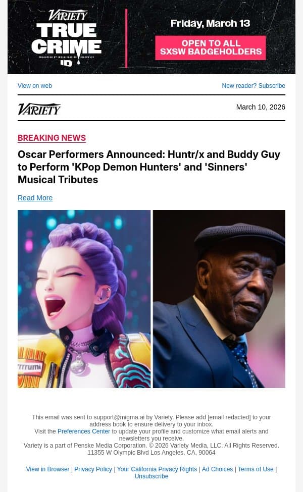 Oscar Performers Announced: Huntr/x and Buddy Guy to Perform 'KPop Demon Hunters' and 'Sinners' Musical Tributes email from Variety screenshot