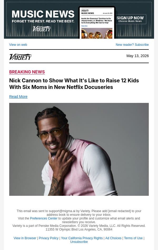 Nick Cannon to Show What It's Like to Raise 12 Kids With Six Moms in New Netflix Docuseries email from Variety screenshot