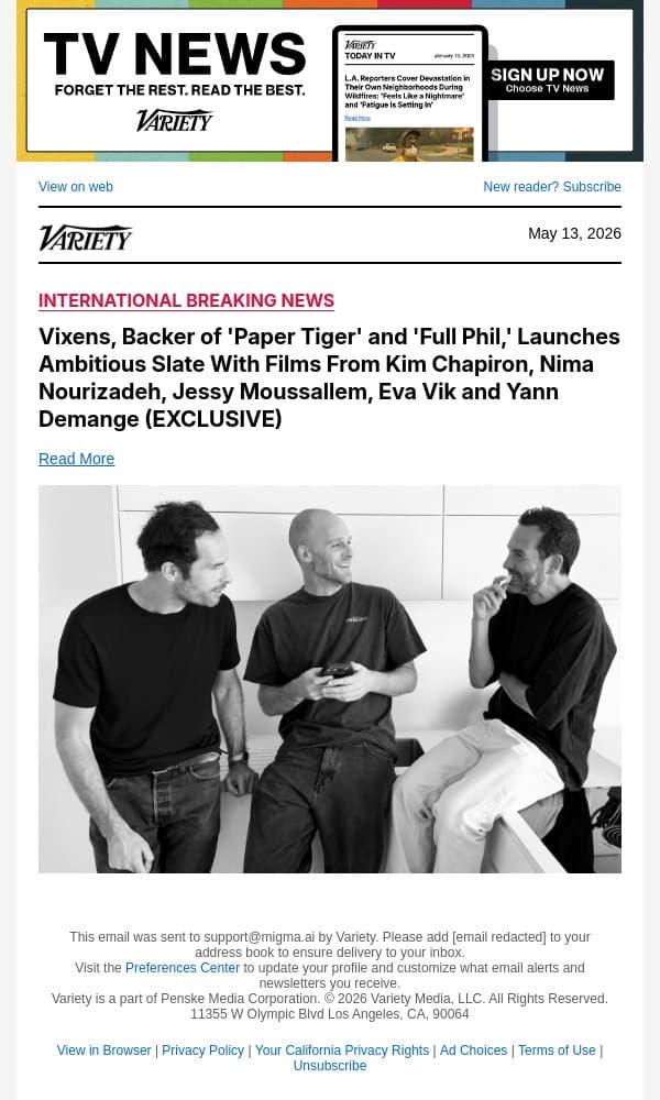 Vixens, Backer of 'Paper Tiger' and 'Full Phil,' Launches Ambitious Slate With Films From Kim Chapiron, Nima Nourizadeh, Jessy Moussallem, Eva Vik and Yann Demange (EXCLUSIVE) email from Variety screenshot