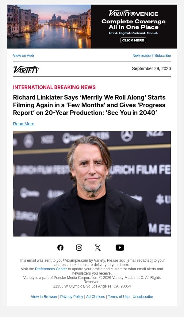 Richard Linklater Says ‘Merrily We Roll Along’ Starts Filming Again in a ‘Few Months’ and Gives ‘Progress Report’ on 20-Year Production: ‘See You in 2040’ email from Variety screenshot