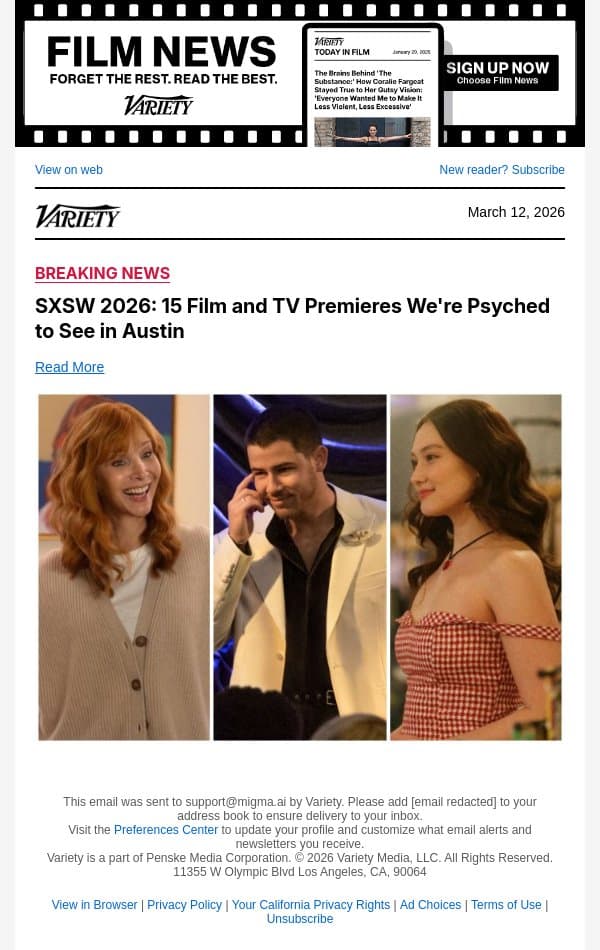 SXSW 2026: 15 Film and TV Premieres We're Psyched to See in Austin email from Variety screenshot