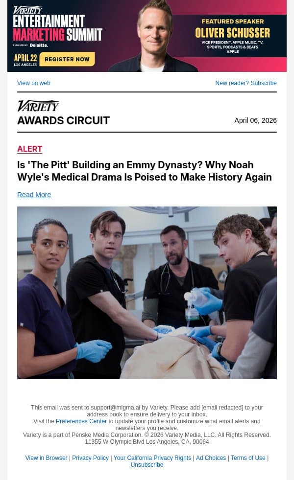 Is 'The Pitt' Building an Emmy Dynasty? Why Noah Wyle's Medical Drama Is Poised to Make History Again email from Variety screenshot