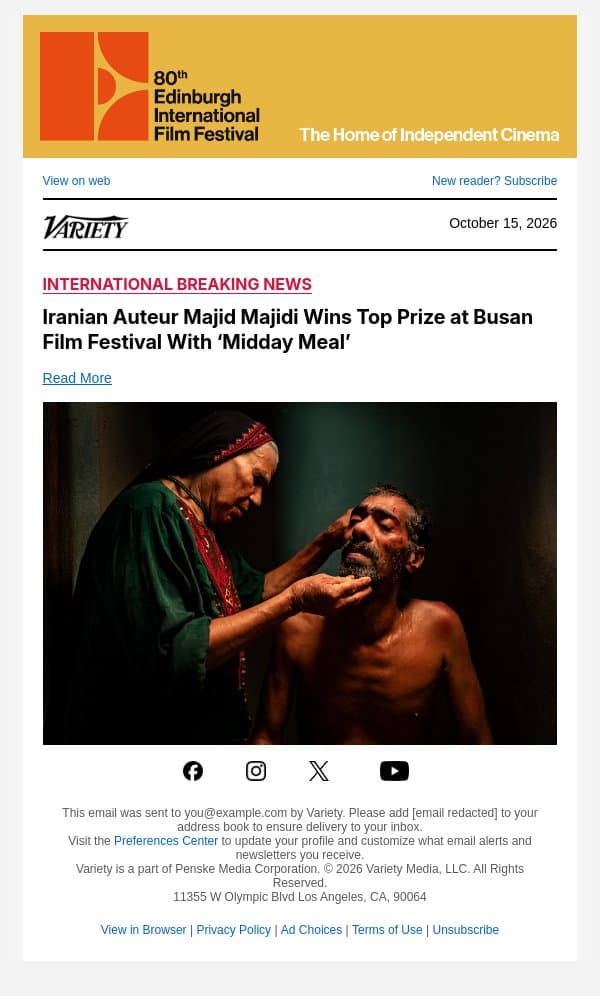 Iranian Auteur Majid Majidi Wins Top Prize at Busan Film Festival With ‘Midday Meal’ email from Variety screenshot