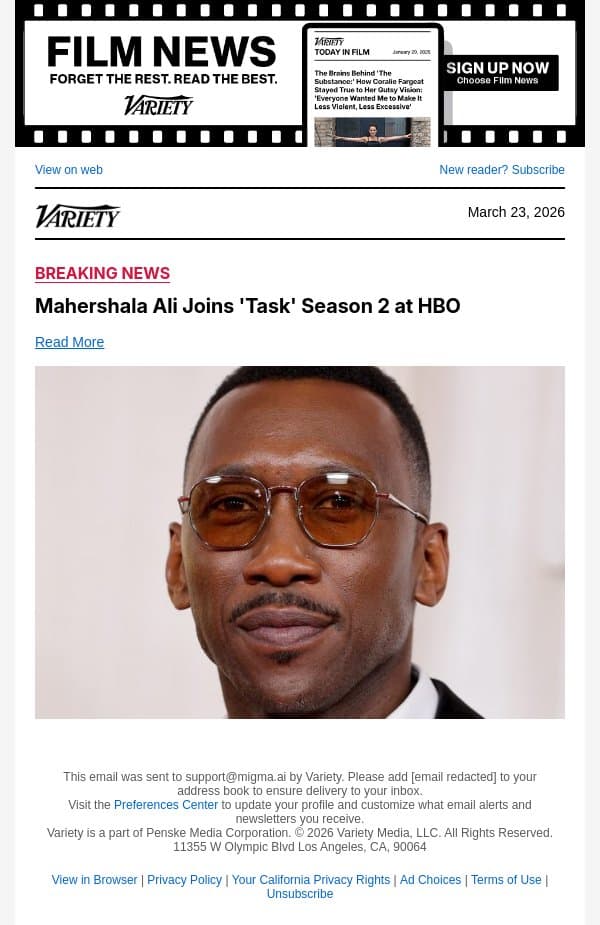 Mahershala Ali Joins 'Task' Season 2 at HBO email from Variety screenshot
