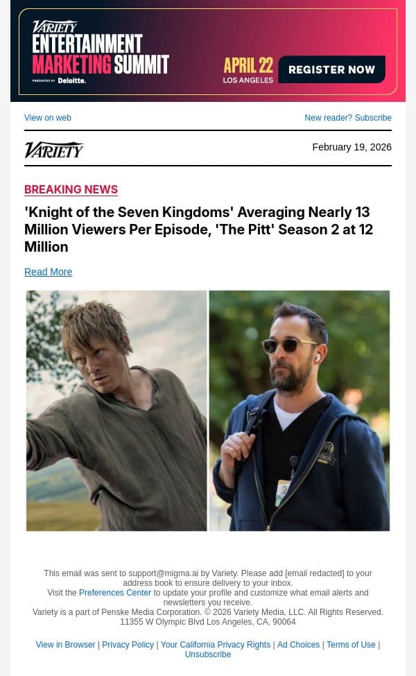 'Knight of the Seven Kingdoms' Averaging Nearly 13 Million Viewers Per Episode, 'The Pitt' Season 2 at 12 Million email from Variety screenshot