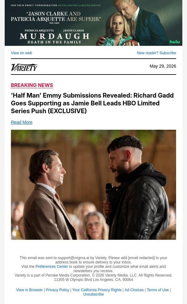 'Half Man' Emmy Submissions Revealed: Richard Gadd Goes Supporting as Jamie Bell Leads HBO Limited Series Push (EXCLUSIVE) email from Variety screenshot