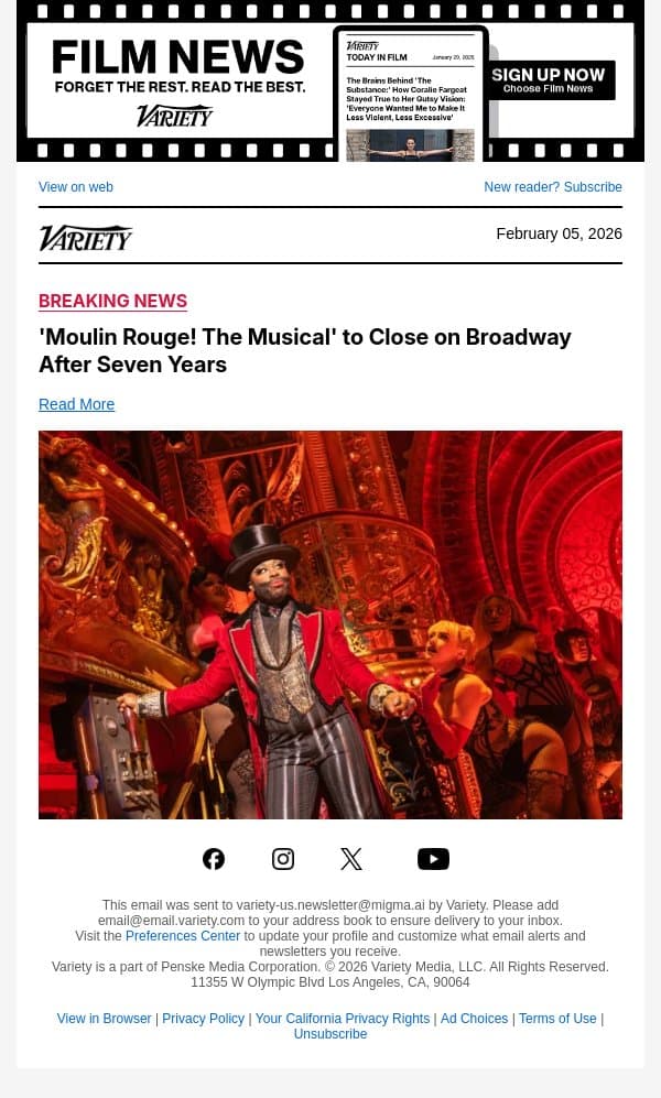 'Moulin Rouge! The Musical' to Close on Broadway After Seven Years email from Variety screenshot