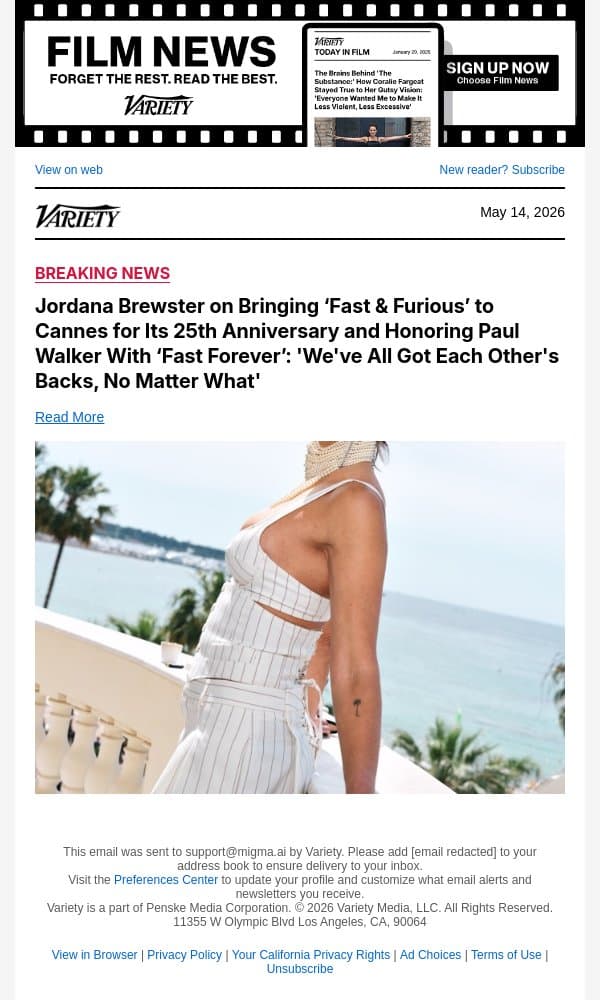 Jordana Brewster on Bringing ‘Fast and Furious’ to Cannes for Its 25th Anniversary and Honoring Paul Walker With ‘Fast Forever’: 'We've All Got Each Other's Backs, No Matter What' email from Variety screenshot