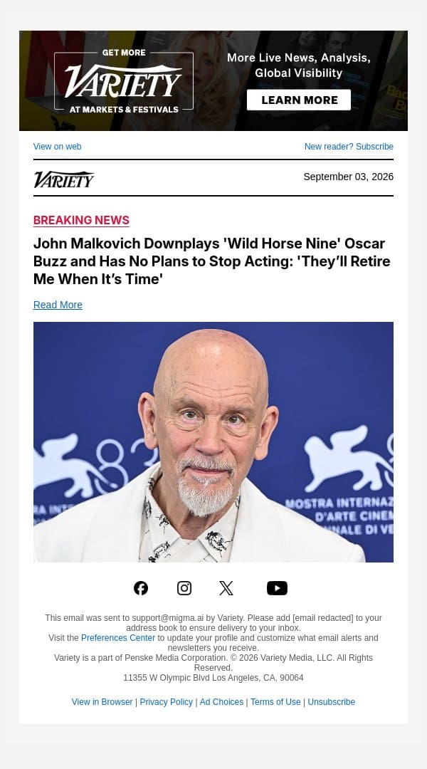 John Malkovich Downplays 'Wild Horse Nine' Oscar Buzz and Has No Plans to Stop Acting: 'They’ll Retire Me When It’s Time' email from Variety screenshot