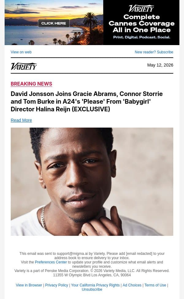 David Jonsson Joins Gracie Abrams, Connor Storrie and Tom Burke in A24's 'Please' From 'Babygirl' Director Halina Reijn (EXCLUSIVE) email from Variety screenshot