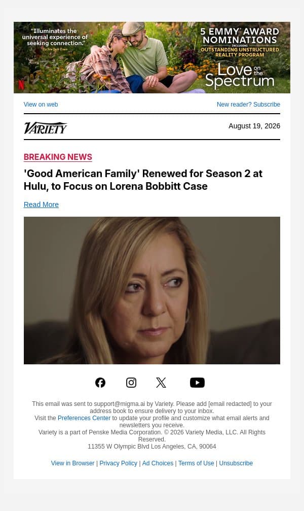 'Good American Family' Renewed for Season 2 at Hulu, to Focus on Lorena Bobbitt Case email from Variety screenshot