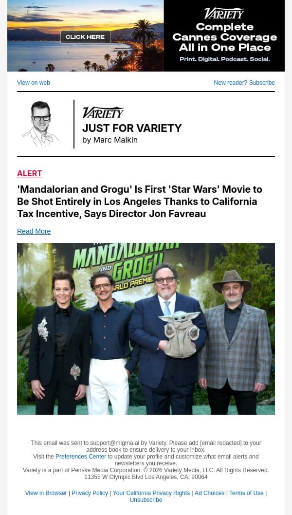 'Mandalorian and Grogu' Is First 'Star Wars' Movie to Be Shot Entirely in Los Angeles Thanks to California Tax Incentive, Says Director Jon Favreau email from Variety screenshot