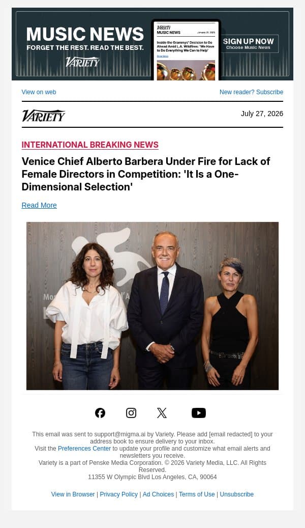 Venice Chief Alberto Barbera Under Fire for Lack of Female Directors in Competition: 'It Is a One-Dimensional Selection' email from Variety screenshot