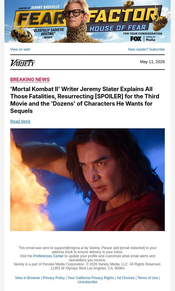 'Mortal Kombat II' Writer Jeremy Slater Explains All Those Fatalities, Resurrecting [SPOILER] for the Third Movie and the 'Dozens' of Characters He Wants for Sequels email from Variety screenshot