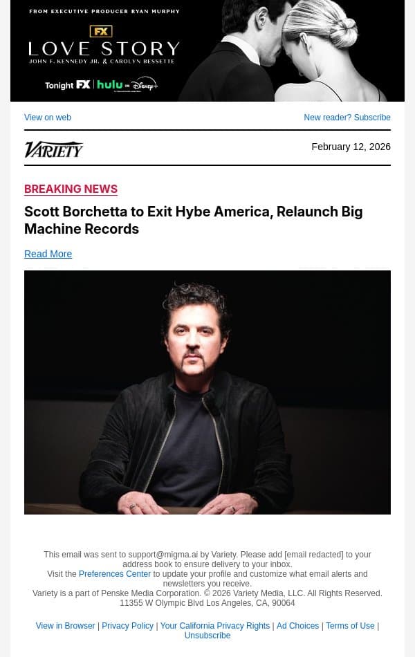 Scott Borchetta to Exit Hybe America, Relaunch Big Machine Records email from Variety screenshot