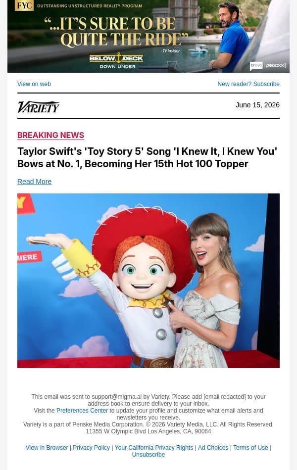 Taylor Swift's 'Toy Story 5' Song 'I Knew It, I Knew You' Bows at No. 1, Becoming Her 15th Hot 100 Topper email from Variety screenshot