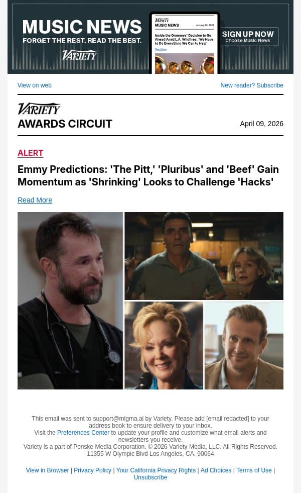 Emmy Predictions: 'The Pitt,' 'Pluribus' and 'Beef' Gain Momentum as 'Shrinking' Looks to Challenge 'Hacks' email from Variety screenshot