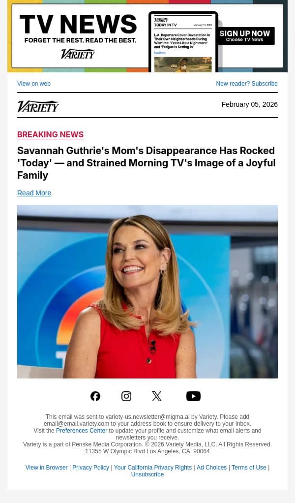 Savannah Guthrie's Mom's Disappearance Has Rocked 'Today' — and Strained Morning TV's Image of a Joyful Family email from Variety screenshot